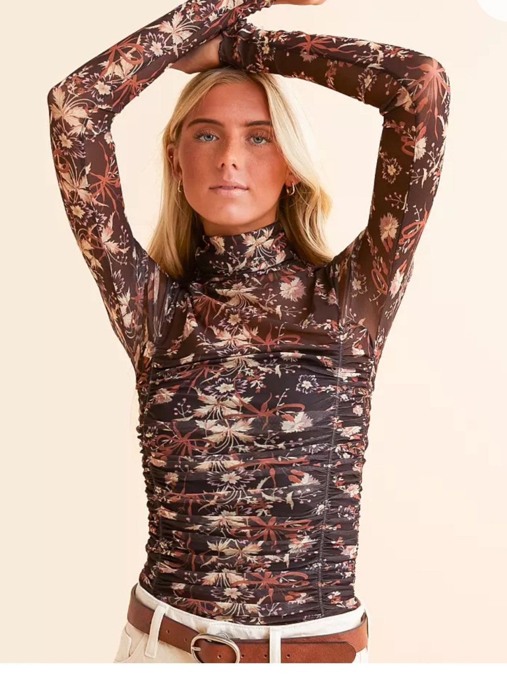 Free People Brown Floral Ruched Mock Neck Long-Sleeve Top